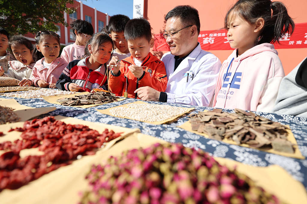 2023 年 10 月 20 日，在中国东部山东省临沂市，作为中医药主题校园活动的一部分，学生们在专业监督下学习配制中药成分。/CFP